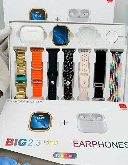 Esportic (10 in 1 Set i20 Ultra MAX Suit Smart Watch + ear buds Pro with Transparent Screen Guard Watch